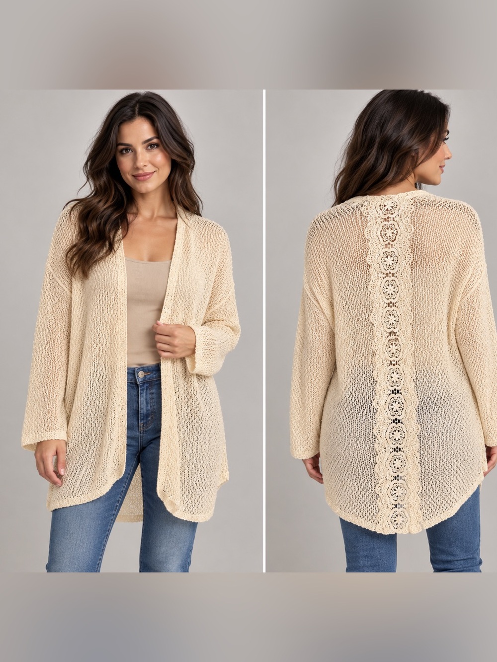 American Rag Cream Open-Front Crochet-Back Cardigan